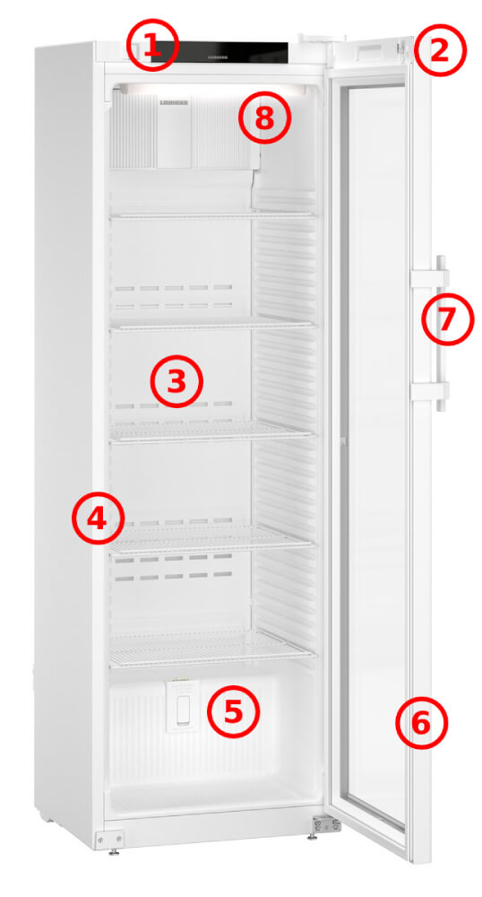 frigorifero aperto con caratteristiche numerate